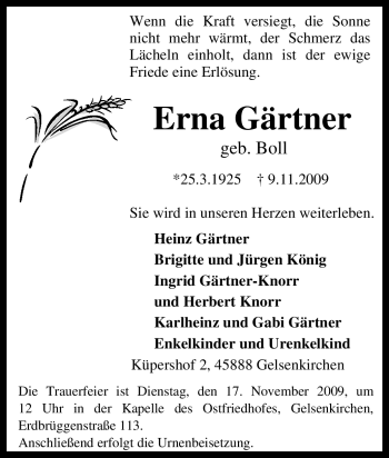 Traueranzeige von Erna Gärtner von Tageszeitung