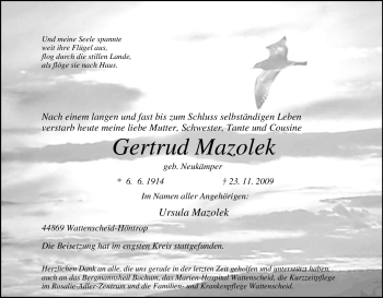 Traueranzeige von Gertrud Mazolek von Tageszeitung