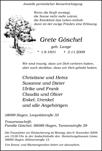Traueranzeige von Grete Göschel von Tageszeitung