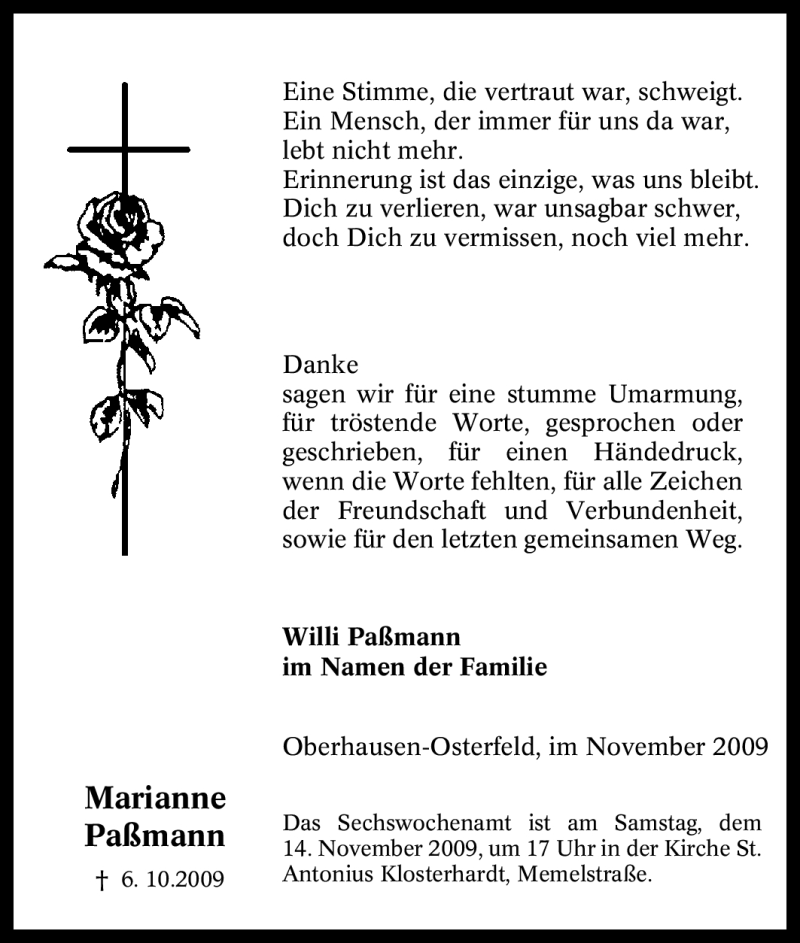  Traueranzeige für Marianne Paßmann vom 11.11.2009 aus Tageszeitung