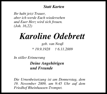 Traueranzeige von Karoline Odebrett von Tageszeitung