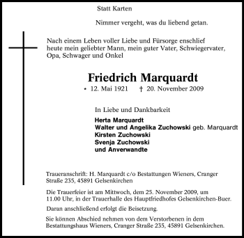 Traueranzeige von Friedrich Marquardt von Tageszeitung