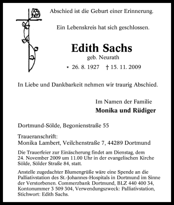 Traueranzeige von Edith Sachs von Tageszeitung