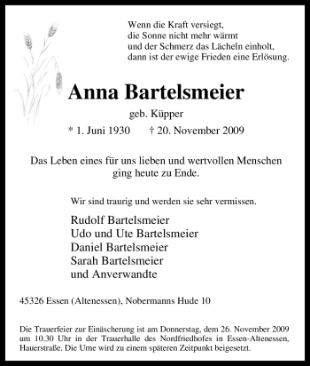 Traueranzeige von Anna Bartelsmeier von Tageszeitung