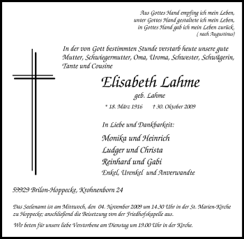 Traueranzeige von Elisabeth Lahme von Tageszeitung