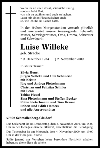 Traueranzeige von Luise Willeke von Tageszeitung