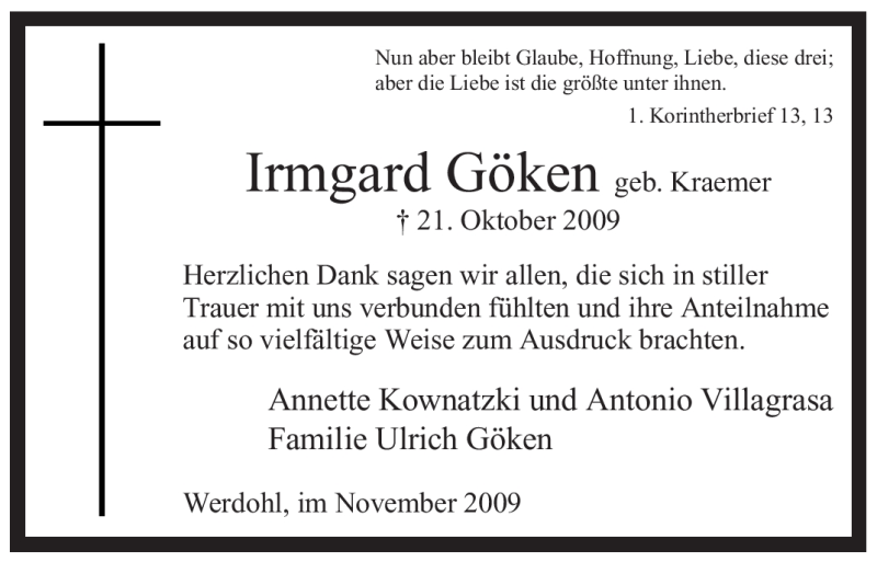  Traueranzeige für Irmgard Göken vom 28.11.2009 aus Tageszeitung