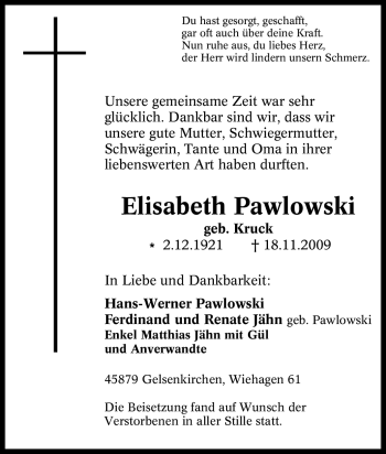 Traueranzeige von Elisabeth Pawlowski von Tageszeitung
