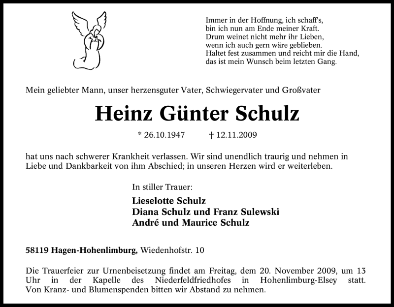  Traueranzeige für Heinz Günter Schulz vom 17.11.2009 aus Tageszeitung
