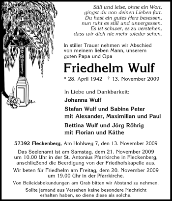 Traueranzeige von Friedhelm Wulf von Tageszeitung