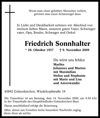 Traueranzeige von Friedrich Sonnhalter von Tageszeitung