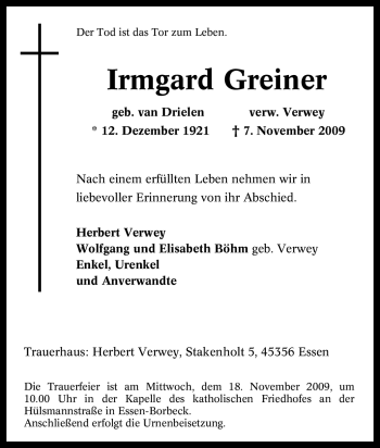 Traueranzeige von Irmgard Greiner von Tageszeitung