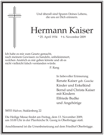 Traueranzeige von Hermann Kaiser von Tageszeitung