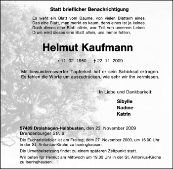 Traueranzeige von Helmut Kaufmann von Tageszeitung
