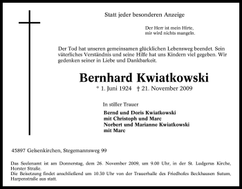 Traueranzeige von Bernhard Kwiatkowski von Tageszeitung