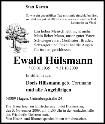 Traueranzeige von Ewald Hülsmann von Tageszeitung