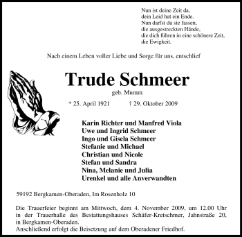 Traueranzeige von Trude Schmeer von Tageszeitung