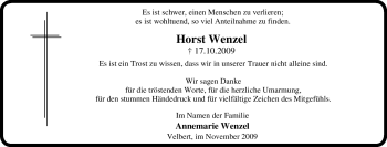 Traueranzeige von Horst Wenzel von Tageszeitung