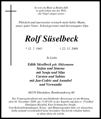 Traueranzeige von Rolf Süselbeck von Tageszeitung