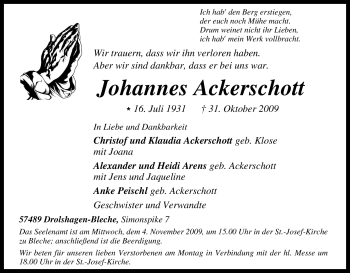 Traueranzeige von Johannes Ackerschott von Tageszeitung