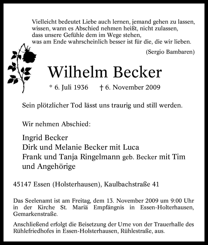  Traueranzeige für Wilhelm Becker vom 11.11.2009 aus Tageszeitung