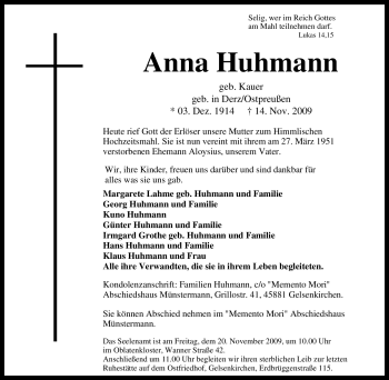 Traueranzeige von Anna Huhmann von Tageszeitung