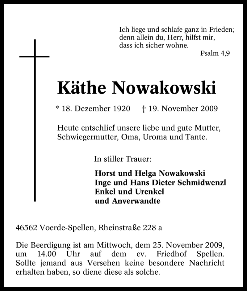  Traueranzeige für Käthe Nowakowski vom 23.11.2009 aus Tageszeitung