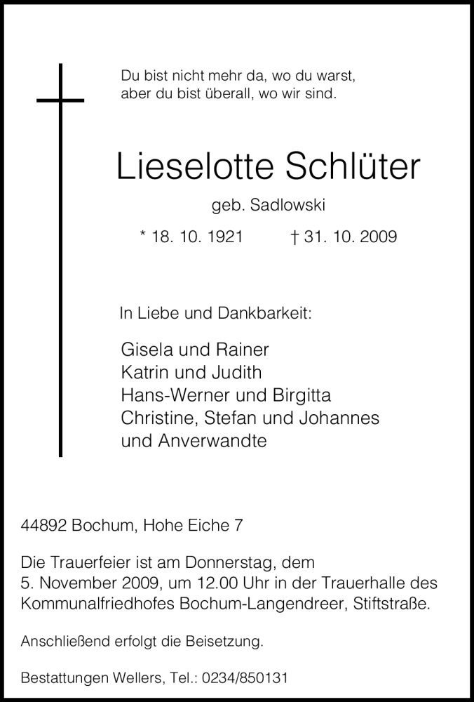  Traueranzeige für Lieselotte Schlüter vom 03.11.2009 aus Tageszeitung