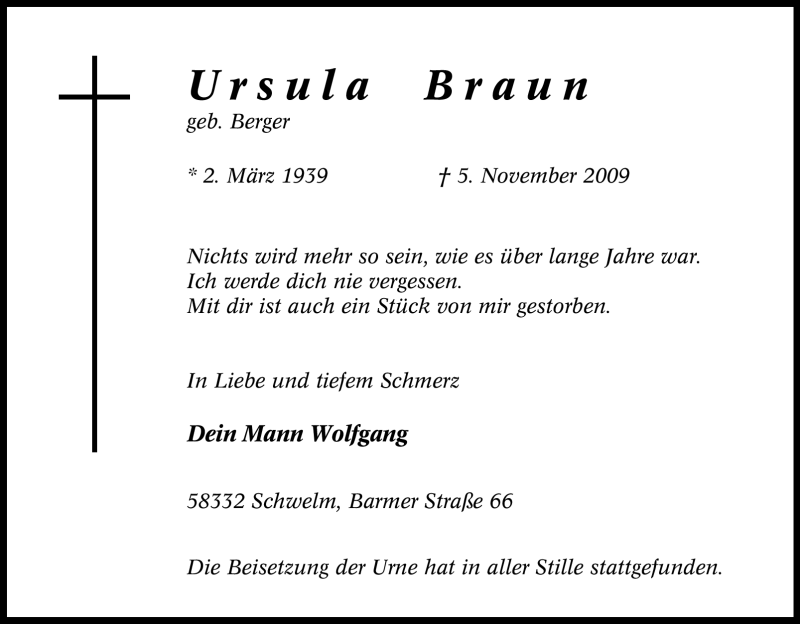  Traueranzeige für Ursula Braun vom 12.11.2009 aus Tageszeitung