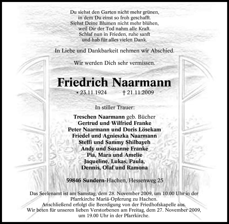  Traueranzeige für Friedrich Naarmann vom 24.11.2009 aus Tageszeitung