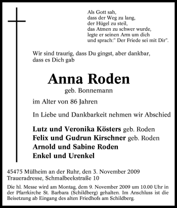 Traueranzeige von Anna Roden von Tageszeitung