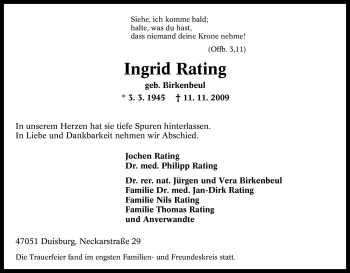 Traueranzeige von Ingrid Rating von Tageszeitung