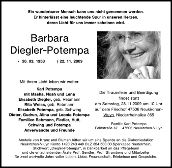 Traueranzeige von Barbara Diegler-Potempa von Tageszeitung