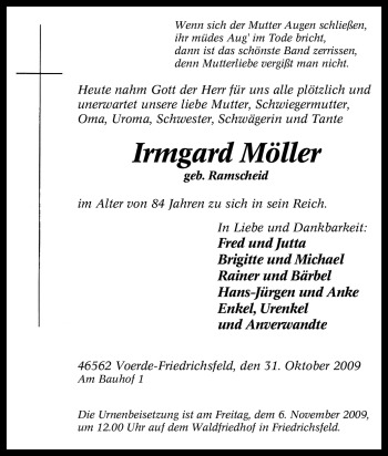 Traueranzeige von Irmgard Möller von Tageszeitung
