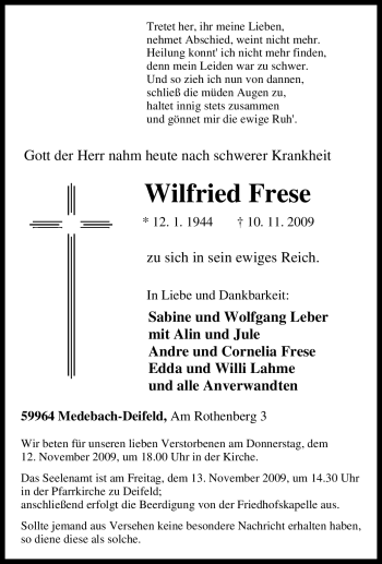 Traueranzeige von Wilfried Frese von Tageszeitung