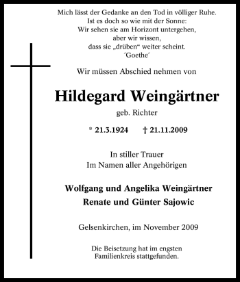 Traueranzeige von Hildegard Weingärtner von Tageszeitung
