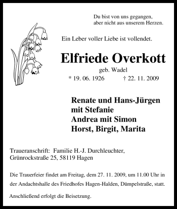 Traueranzeige von Elfriede Overkott von Tageszeitung