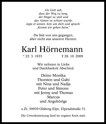 Traueranzeige von Karl Hörnemann von Tageszeitung