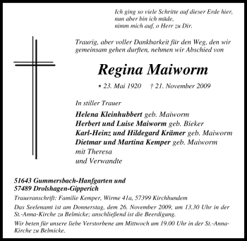 Traueranzeige von Regina Maiworm von Tageszeitung