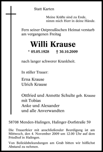 Traueranzeige von Willi Krause von Tageszeitung