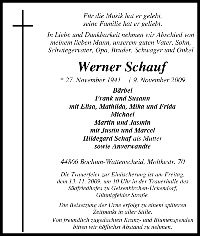  Traueranzeige für Werner Schauf vom 11.11.2009 aus Tageszeitung