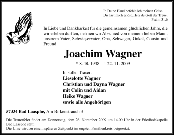 Traueranzeige von Joachim Wagner von Tageszeitung