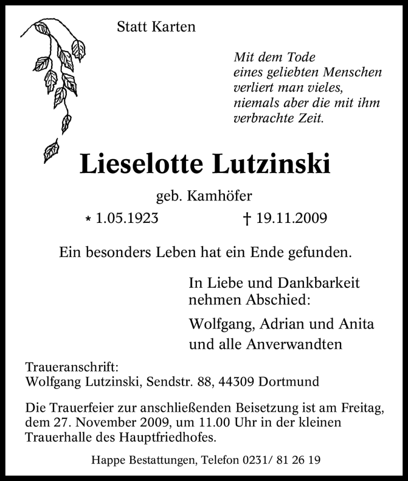  Traueranzeige für Lieselotte Lutzinski vom 24.11.2009 aus Tageszeitung