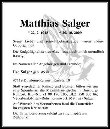 Traueranzeige von Matthias Salger von Tageszeitung