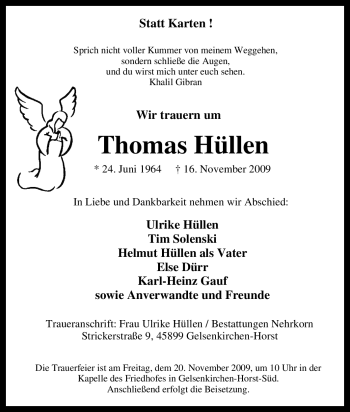 Traueranzeige von Thomas Hüllen von Tageszeitung