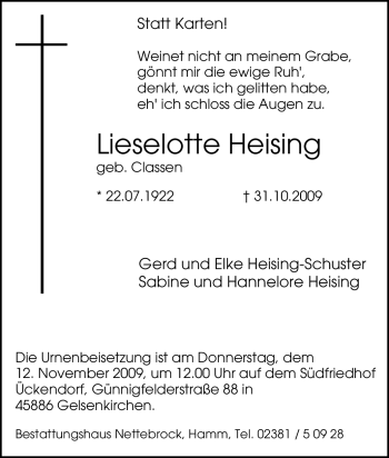 Traueranzeige von Lieselotte Heising von Tageszeitung