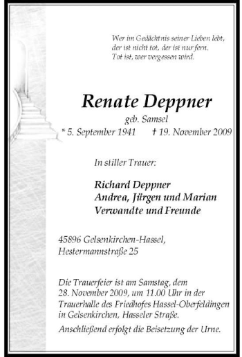 Traueranzeige von Renate Deppner von Tageszeitung