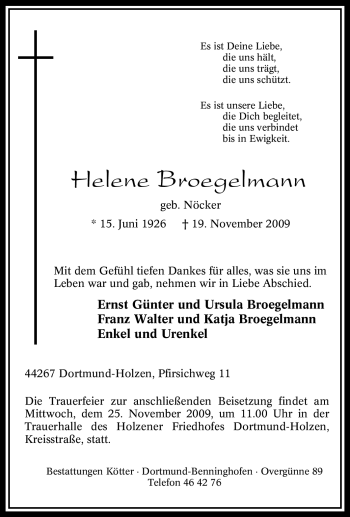 Traueranzeige von Helene Broegelmann von Tageszeitung