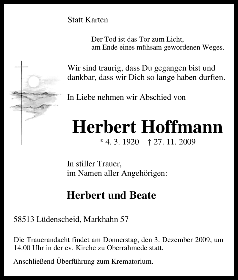  Traueranzeige für Herbert Hoffmann vom 30.11.2009 aus Tageszeitung