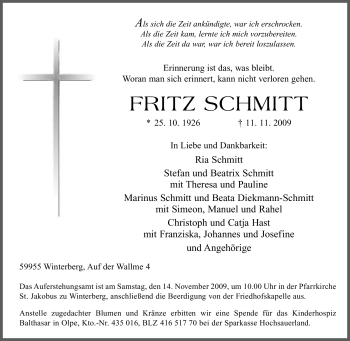 Traueranzeige von Fritz Schmitt von Tageszeitung